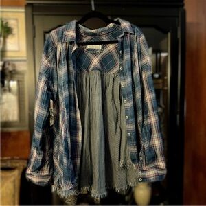 Free People Blue Plaid Button-Up Shirt flannel large